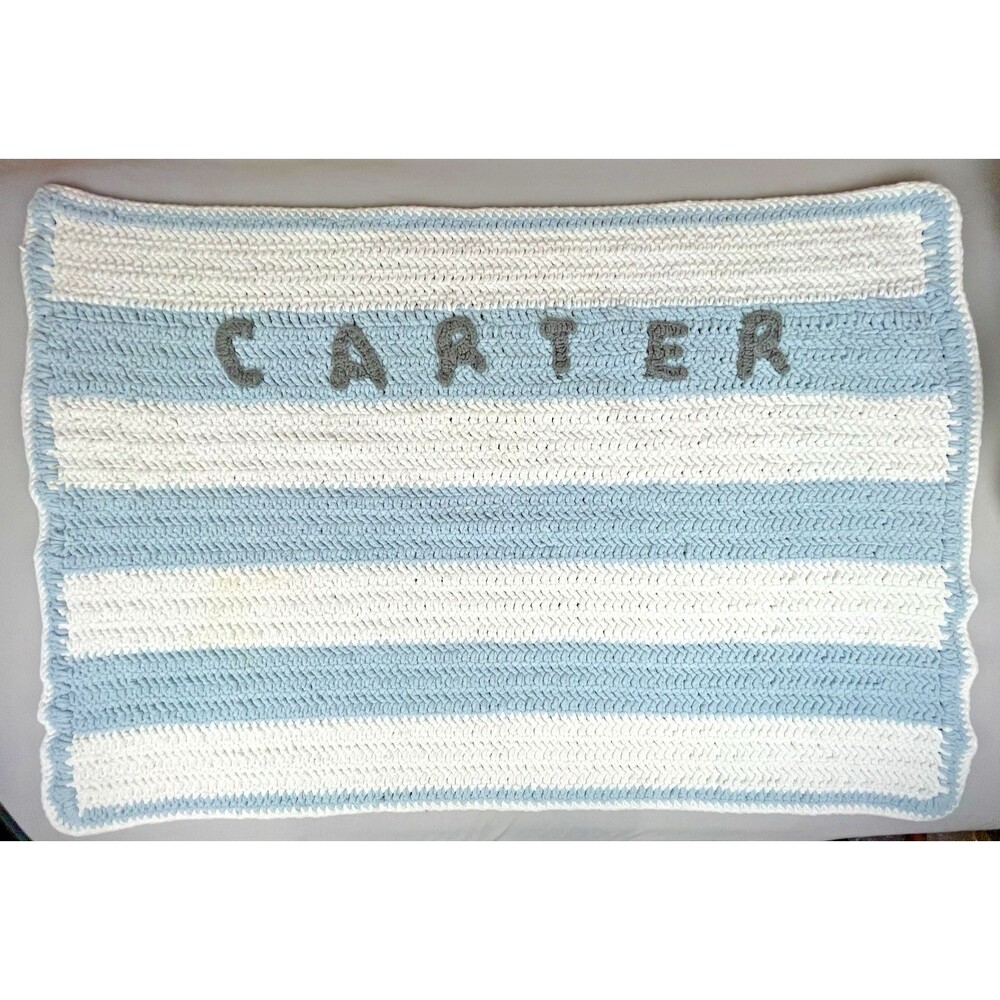 Handmade Crochet Baby Newborn Blanket Shower Gift Afghan Blue Stripe Boy Carter